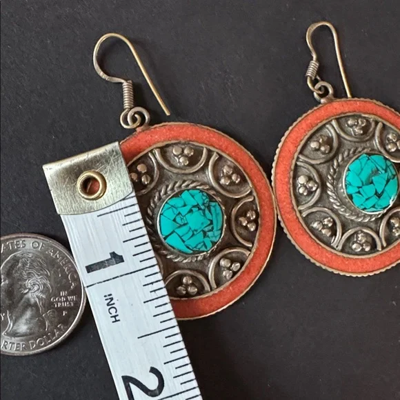 Nepalese Coral and Turquoise Boho Earrings - Picture 8 of 13